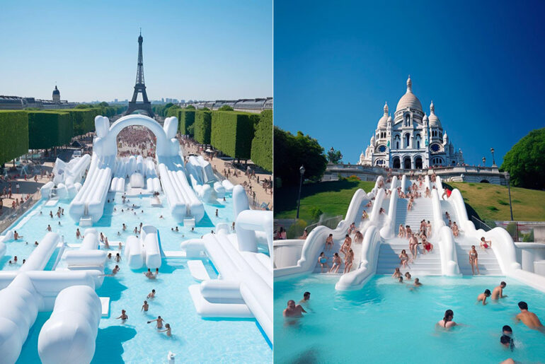 Midjourney AI Paris Pool Party Water Slides