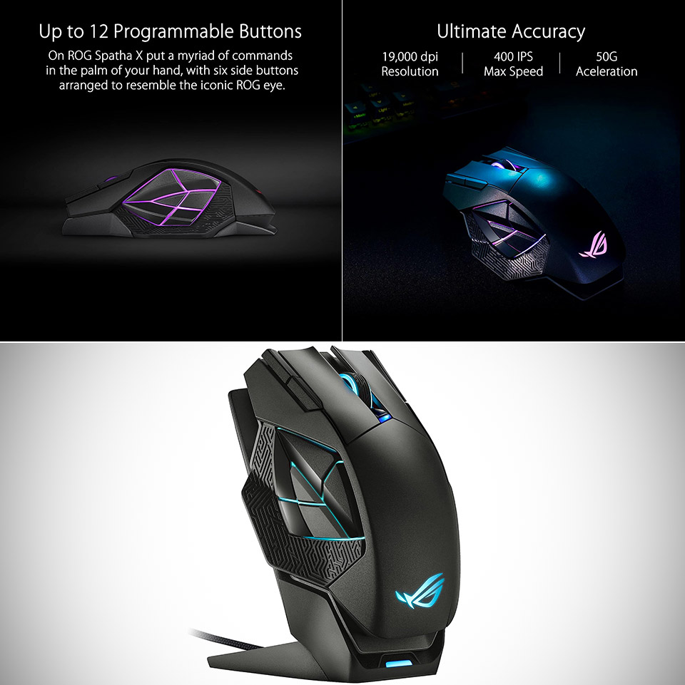 ASUS ROG Spatha Mouse Gaming Wireless/Ricaricabile - 12 Tasti Programmati, 8200 DPI, RGB, Lega Magnesio