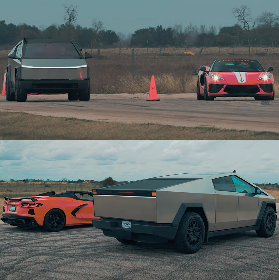 Tesla Cybertruck vs Hennessey H700 Corvette Drag Racing