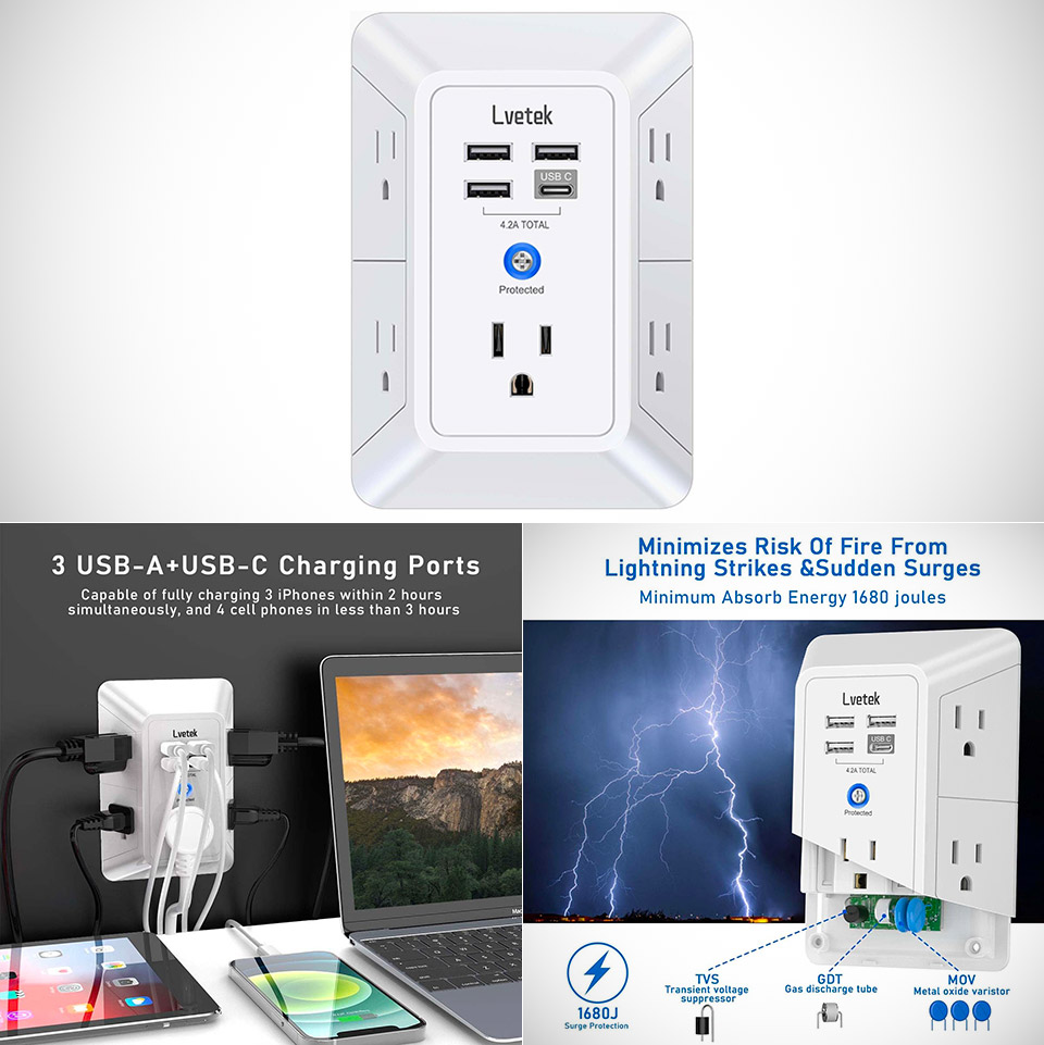 thumbnail interactive-video image 1 of Addtam Wall Charger Surge Protector - 5 Outlet Extender With 4 USB Ports (1C3A) 1 of 2