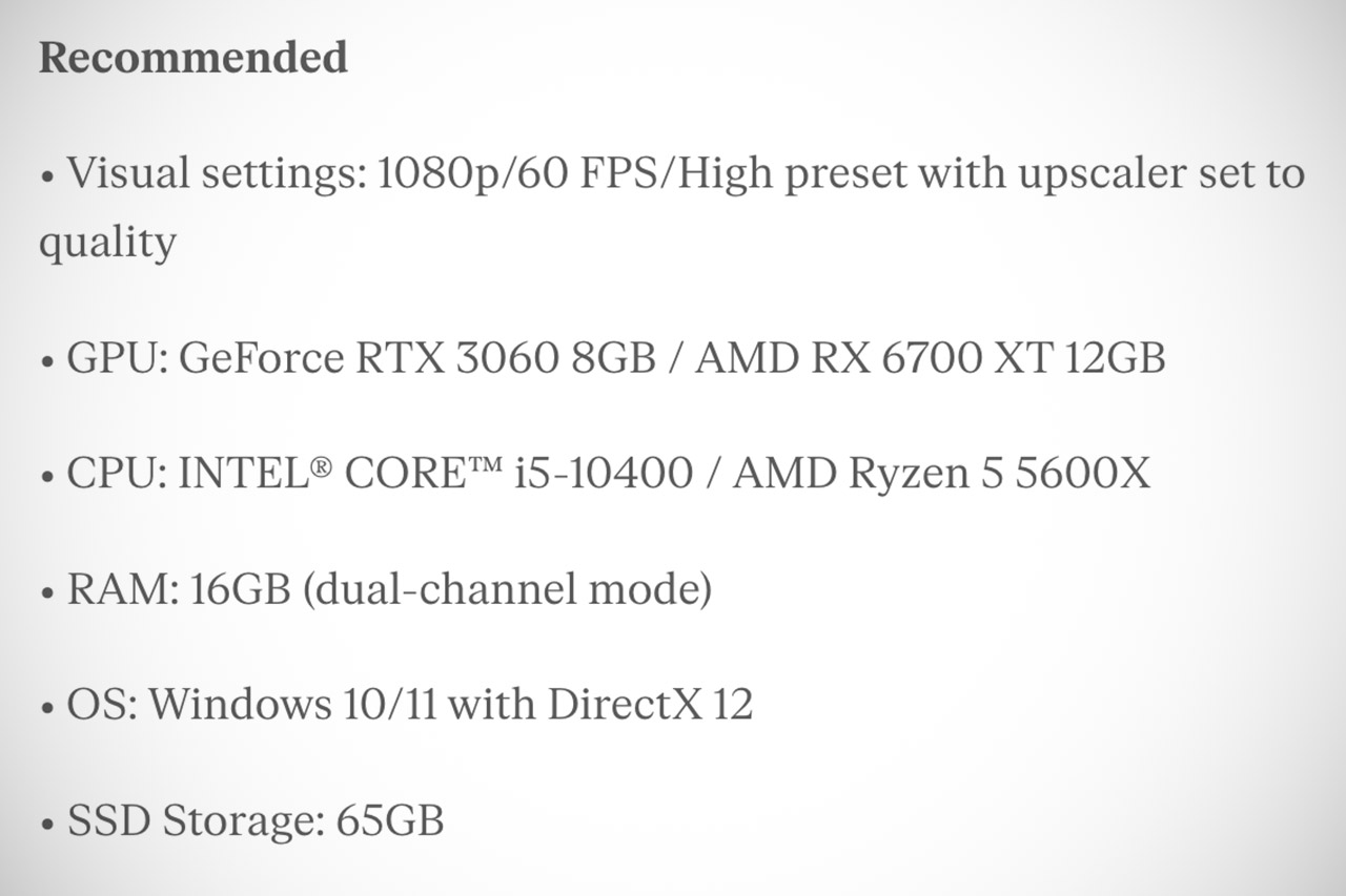 Star Wars Outlaws PC Requirements Recommended
