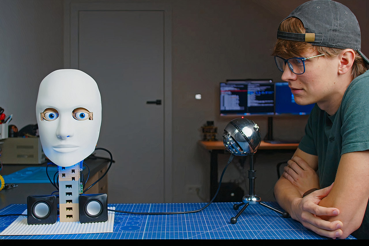 3D-Printed Robot Head Aristotle Speaking