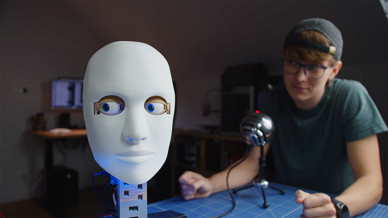 3D-Printed Robot Head Aristotle Speaking