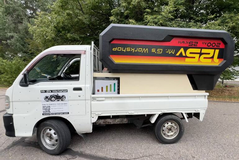 Tesla-Powered Kei Truck Giant Drill Battery EV