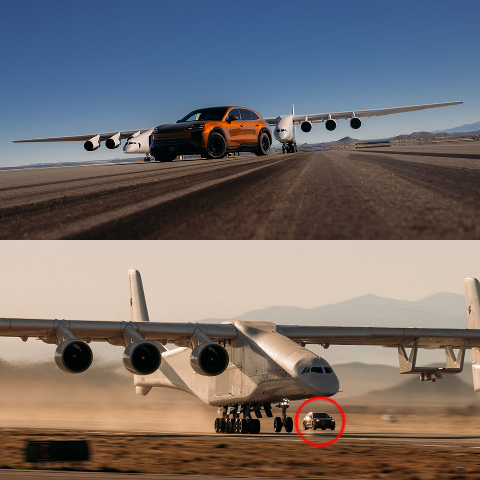 Porsche Cayenne Turbo Electric vs Stratolaunch Roc Largest Aircraft