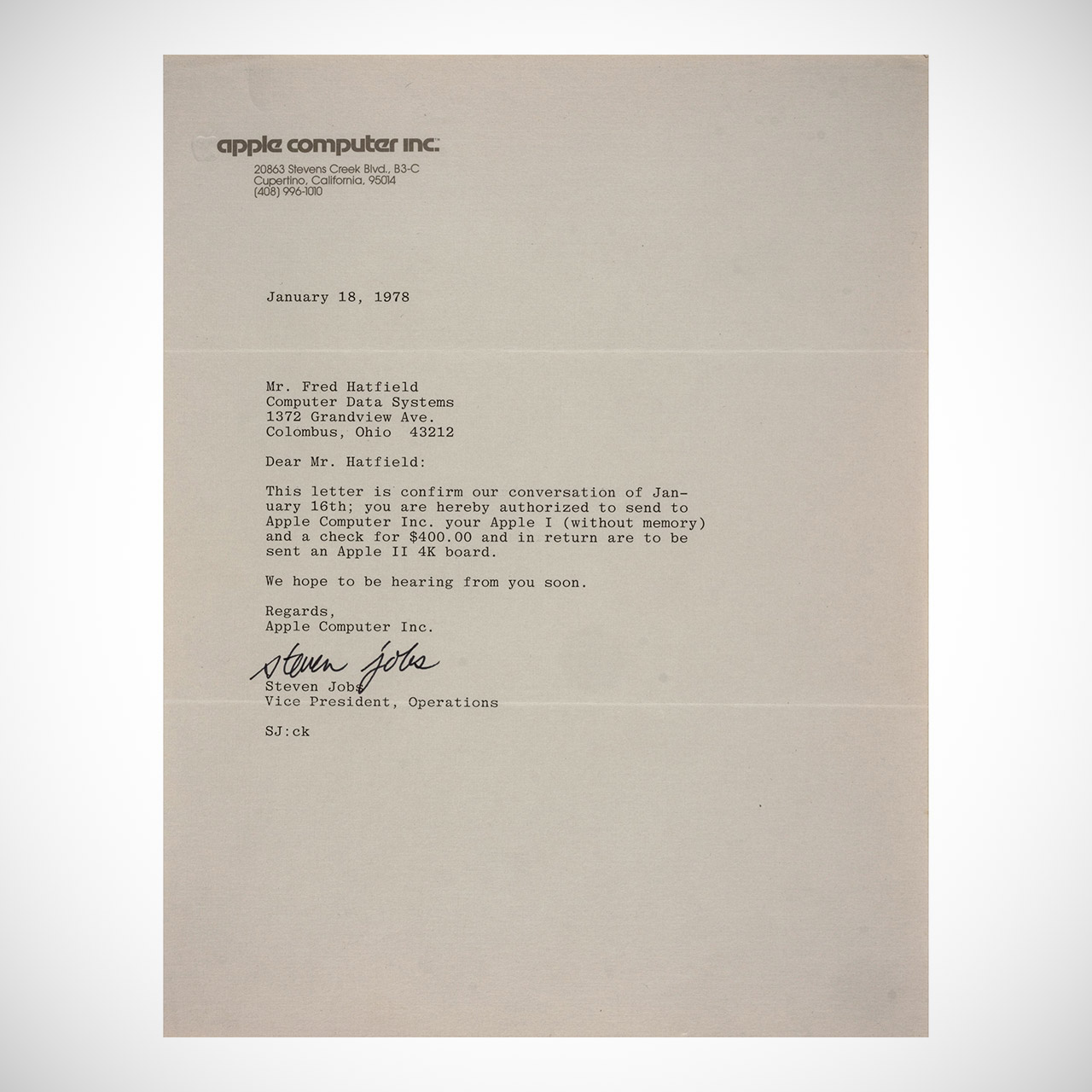 Hatfield Apple One Computer Signed Steve Wozniak Auction
